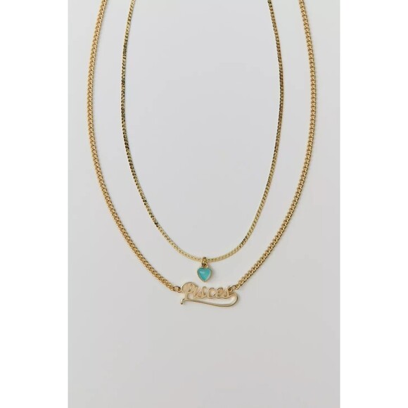 Urban Outfitters Nameplate Pisces Zodiac Sign Double Gold Necklace Set NWT $25 - Picture 1 of 3